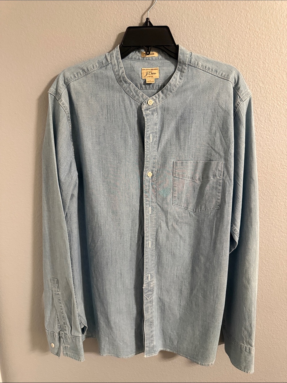 J. Crew Men's Light Blue Collarless Denim Button-Up